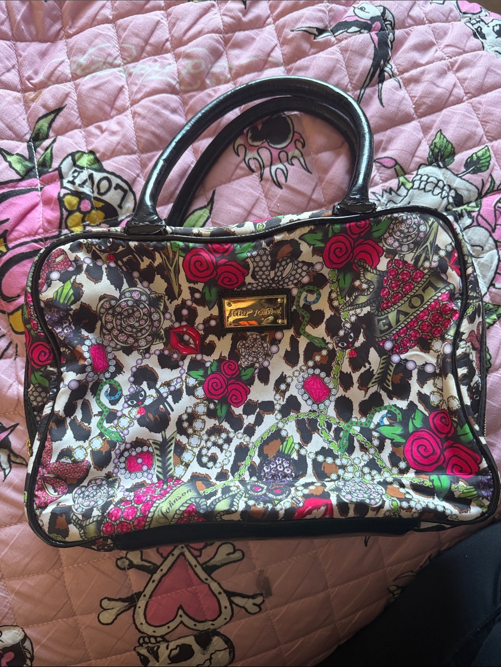 Betsy Johnson Floral Leopard Print makeup Bag - Pink & Black